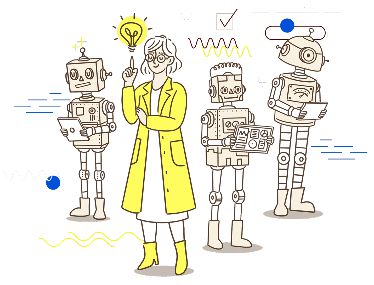 EL, in a yellow lab coat, with three robots holding reports and tablets