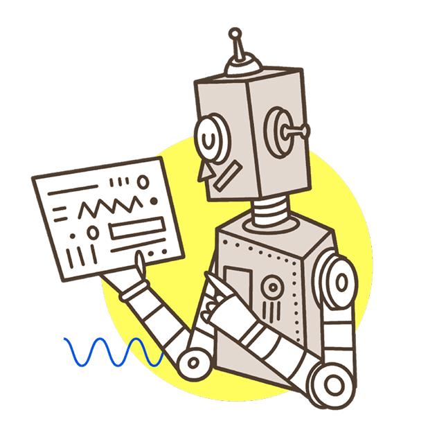A robot holding up a report