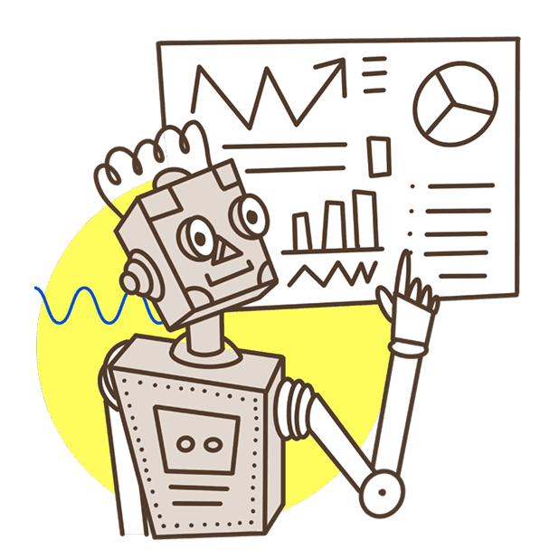 A robot presenting a dashboard of charts