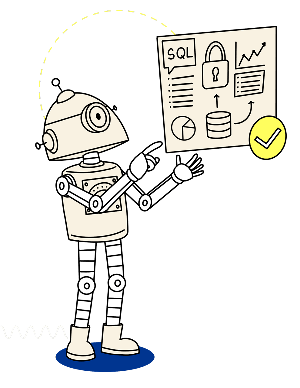 A robot checking a SQL report with a padlock and a tick